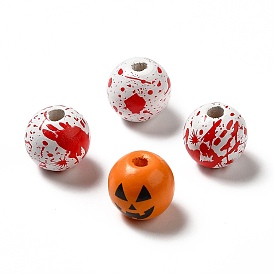 Perles en bois naturel imprimées sur le thème d'halloween, rond avec motif main ensanglantée/sang/citrouille