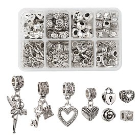8 Style Tibetan Style Alloy European Beads, Large Hole Beads, Heart Lock & Cuboid with Heart & Heart & Rose Flower & Key with Lock & Fairy & Wing & Heart & Hollow Heart