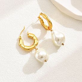 Plastic Imitation Pearl Dangle Hoop Earrings, 304 Stainless Steel Earrings