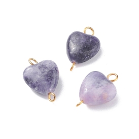 Natural Lepidolite/Purple Mica Stone Connector Charms, with Golden Tone Brass Loops, Heart