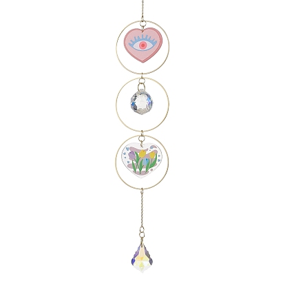 Heart Acrylic & Brass Ring Hanging Ornaments, Glass Leaf Tassel for Home Decoration