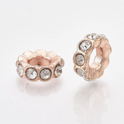 Rose Gold Plated Alloy European Beads, with Rhinestones, Large Hole Beads, Flat Round