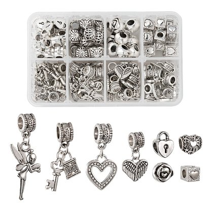 8 Style Tibetan Style Alloy European Beads, Large Hole Beads, Heart Lock & Cuboid with Heart & Heart & Rose Flower & Key with Lock & Fairy & Wing & Heart & Hollow Heart