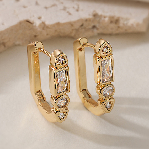 Латунные серьги-кольца из прозрачного кубического циркония, прямоугольник с треугольником