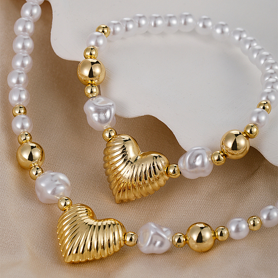 Комплекты браслетов и ожерелий в форме латунных сердец для женщин, с круглыми жемчужинами имитационных