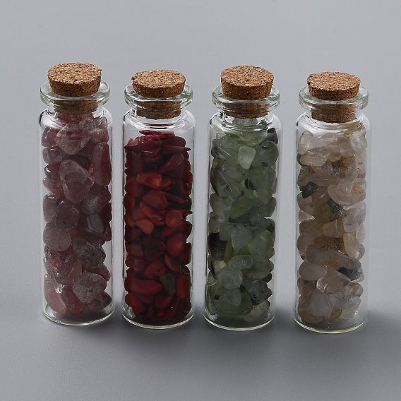 Glass Wishing Bottle Pendant Decorations, with Gemstone Chips Inside and Cork Stopper