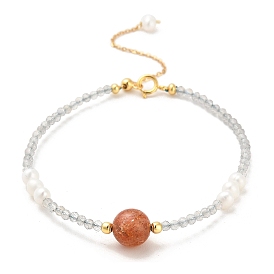 Natural Strawberry Quartz Bead and Natural Moonstone Bead Bracelets, with Sterling Silver Beads and Pearl Beads, Real 18K Gold Plated
