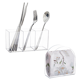 1Pc Large Capacity Transparent Plastic 3 Grids Pen Holder, Rectangle, with 1Pc Transparent Acrylic Napkin Holder, Arch