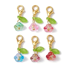 6Pcs Flower & Leaf Acrylic Pendant Decorations, with Alloy Lobster Claw Clasps