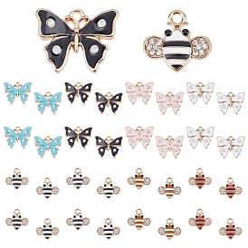 SUNNYCLUE 32Pcs 8 Colors Alloy Enamel Pendants, with Crystal Rhinestone, Cadmium Free & Lead Free, Bee & Butterfly, Light Gold