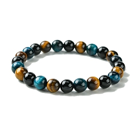 Dyed Natural Tiger Eye & Black Onyx Round Beaded Stretch Bracelets for Women