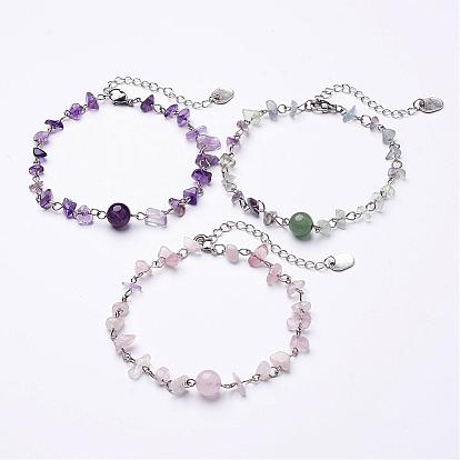Natural Gemstone Chip Anklets, with Iron Eye Pin, Tibetan Style Pendants and Lobster Clasp