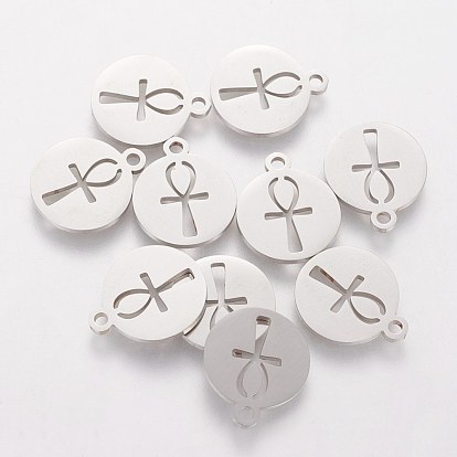 201 Stainless Steel Charms, Flat Round with Ankh Cross