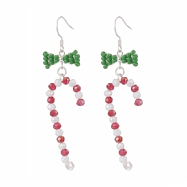 Glass Beaded Christmas Candy Cane with Bowknot Dangle Earrings, 304 Stainless Steel Wire Wrap Jewelry for Women