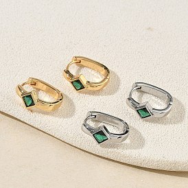 Серьги-кольца в форме ромба из латуни с инкрустацией одним кубическим цирконием