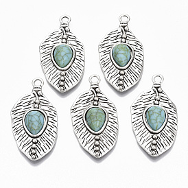 Tibetan Style Alloy Pendants, with Synthetic Turquoise, Cadmium Free & Lead Free, Leaf