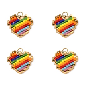 Pendentifs en perles de verre miyuki, coeur avec breloques arc-en-ciel, avec 304 anneaux de saut ouverts en acier inoxydable