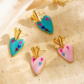 304 Stainless Steel Stud Earrings for Women, with Enamel, Heart, Golden