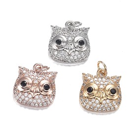 Brass Micro Clear & Black Cubic Zirconia Charms, Long-Lasting Plated, Owl Shape