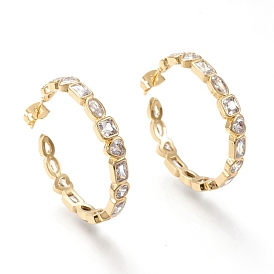 Brass Micro Pave Cubic Zirconia Stud Earrings, Half Hoop Earrings, with Ear Nuts, Long-Lasting Plated, Ring