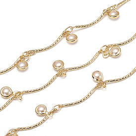 Handmade Brass Scalloped Bar Chains, with Glass Charms and Spool, Cadmium Free & Lead Free, Soldered, Long-Lasting Plated, Flat Round
