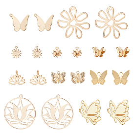 BENECREAT 20Pcs 10 Style Brass Charms, Nickel Free, Real 18K Gold Plated, Flower & Butterfly
