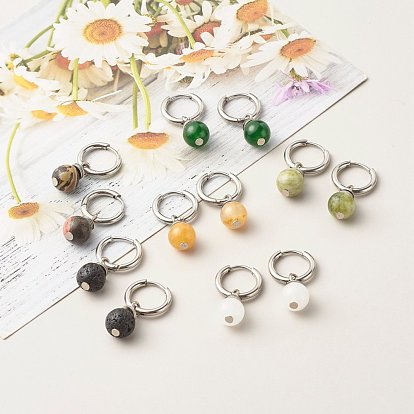 Gemstone Beads Earrings for Girl Women Gift, 202 Stainless Steel Huggie Hoop Earrings
