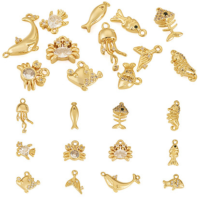 12шт. 12 стили, морская тематика, латунные подвески с микропаве из кубического циркония, долговечный, без никеля , реальный 18 k позолоченный