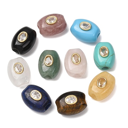 Pierres fines perles européennes, perles ovales à grand trou avec apprêts pavés en laiton et zircon cubique transparent, or