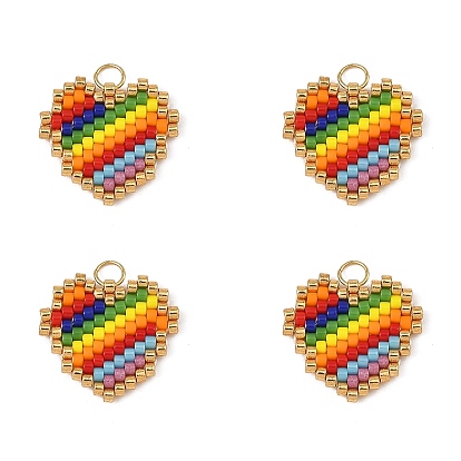 Pendentifs en perles de verre miyuki, coeur avec breloques arc-en-ciel, avec 304 anneaux de saut ouverts en acier inoxydable