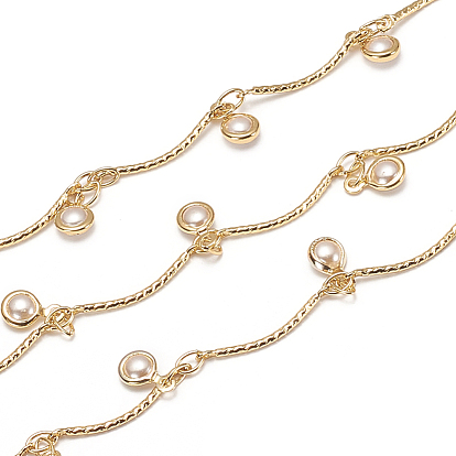 Handmade Brass Scalloped Bar Chains, with Glass Charms and Spool, Cadmium Free & Lead Free, Soldered, Long-Lasting Plated, Flat Round