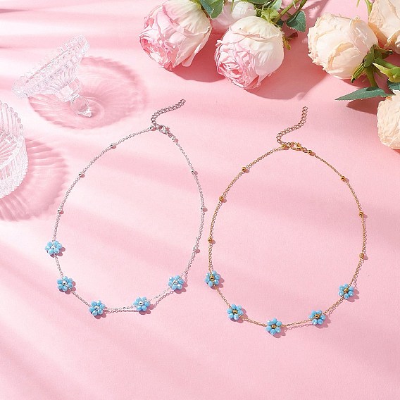 2 шт. 2 цвета латунь и граненые круглые стеклянные бусины цветочные цепочки ожерелья, голубой