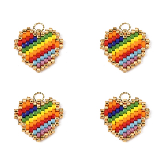 Colgantes de cuentas de vidrio Miyuki, corazón con amuletos de arcoíris, con 304 anillos de salto abiertos de acero inoxidable