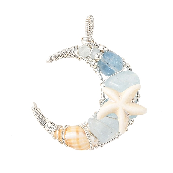 Ocean Natural Aquamarine Chip & Natural Spiral Shell Wire Wrapped Pendants, Moon Charms with Synthetic Turquoise Starfish