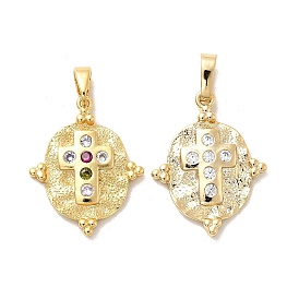 Латунные микро проложить кубического циркония подвески, овальные с крестом, с кошачий глаз, долговечный, стойки покрытие, без свинца и без кадмия, реальный 18 k позолоченный