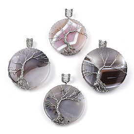 Agate naturelle gros pendentifs, avec fil de cuivre ton platine enroulé, teint, plat rond