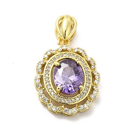 Brass Micro Pave Clear Cubic Zirconia Pendants, with Lilac Glass, Oval Charm