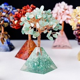 Natural Gemstone Chips Tree Decorations, Gemstone Pyramid Base with Copper Wire Feng Shui Energy Stone Gift for Home Office Desktop Ornament