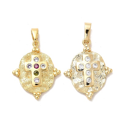 Латунные микро проложить кубического циркония подвески, овальные с крестом, с кошачий глаз, долговечный, стойки покрытие, без свинца и без кадмия, реальный 18 k позолоченный