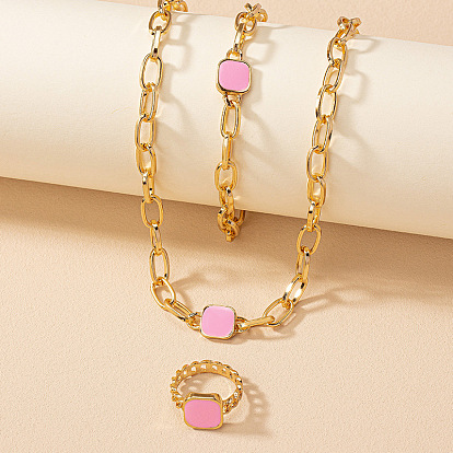 Наборы из квадратных ожерелий, браслетов и колец из сплава с эмалью, золотые