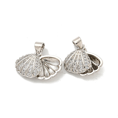 Brass Micro Pave Clear Cubic Zirconia Pendants, Cadmium Free & Nickel Free & Lead Free, Shell Charms