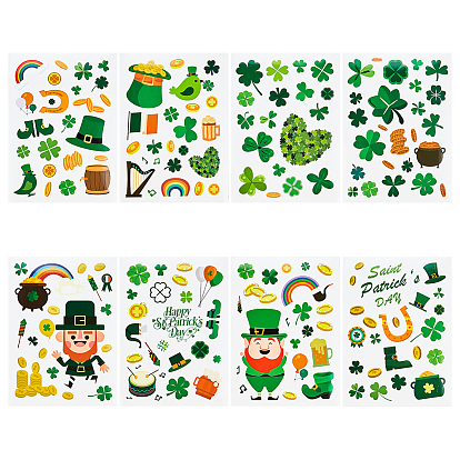 24 feuilles 8 styles autocollants en papier pour la saint-patrick, pour ordinateur portable bouteille d'eau enveloppes artisanat scrapbooking, chapeau de lutin et trèfle et pièces de monnaie et bière