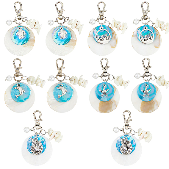 10 шт 5 стили подвесные украшения из натуральных пресноводных ракушек, с подвесками из сплава морских животных и натуральными белыми ракушечными бусинами и подвесками из ракушек капиз, плоско-круглые