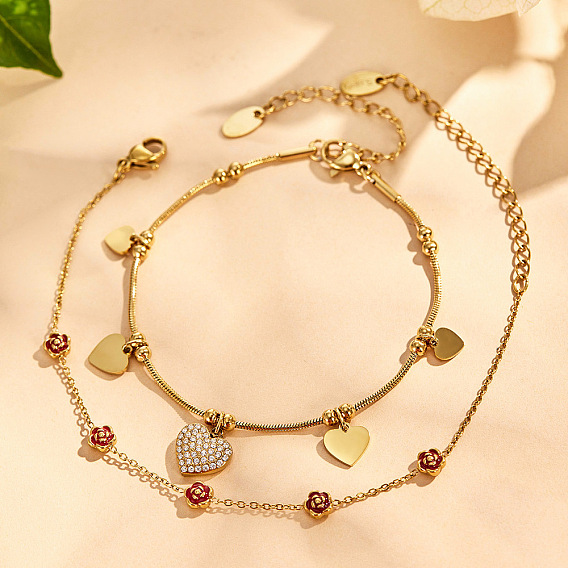 316L Surgical Stainless Steel Micro Pave Clear Cubic Zirconia Heart Charm Bracelets for Women
