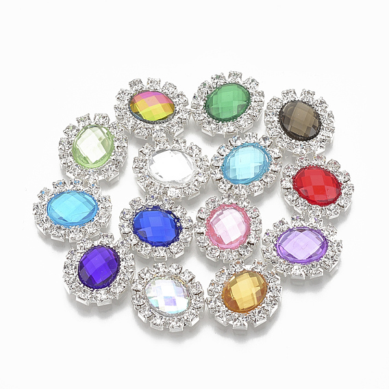 Brass Flat Back Cabochons, with Rhinestone and Acrylic Rhinestone, Faceted, Oval, Silver