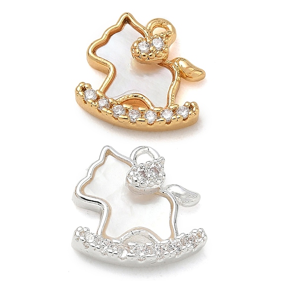 Brass Micro Pave Clear Cubic Zirconia & Natural Shell Charms, Rocking Horse Charms