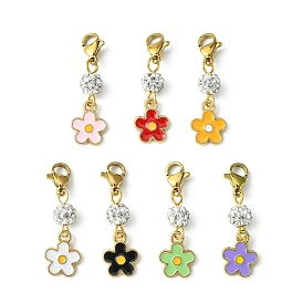 Alloy Enamel Flower Pendant Decorations, with Polymer Clay Rhinestone Beads and Stainless Steel Lobster Claw Clasps
