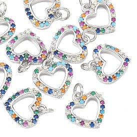 SHEGRACE Valentine's Day Brass Colorful Cubic Zirconia Charms, Hollow Heart Charms, Cadmium Free & Lead Free & Nickel Free