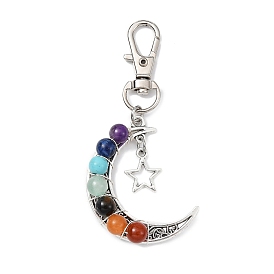Wire Wrapped Chakra Synthetic & Natural Mixed Stone & Alloy Moon Pendant Decorations, with Swivel Lobster Claw Clasps