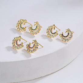 Crescent Moon and Star Stud Earrings with CZ Stones in 18K Gold Plating